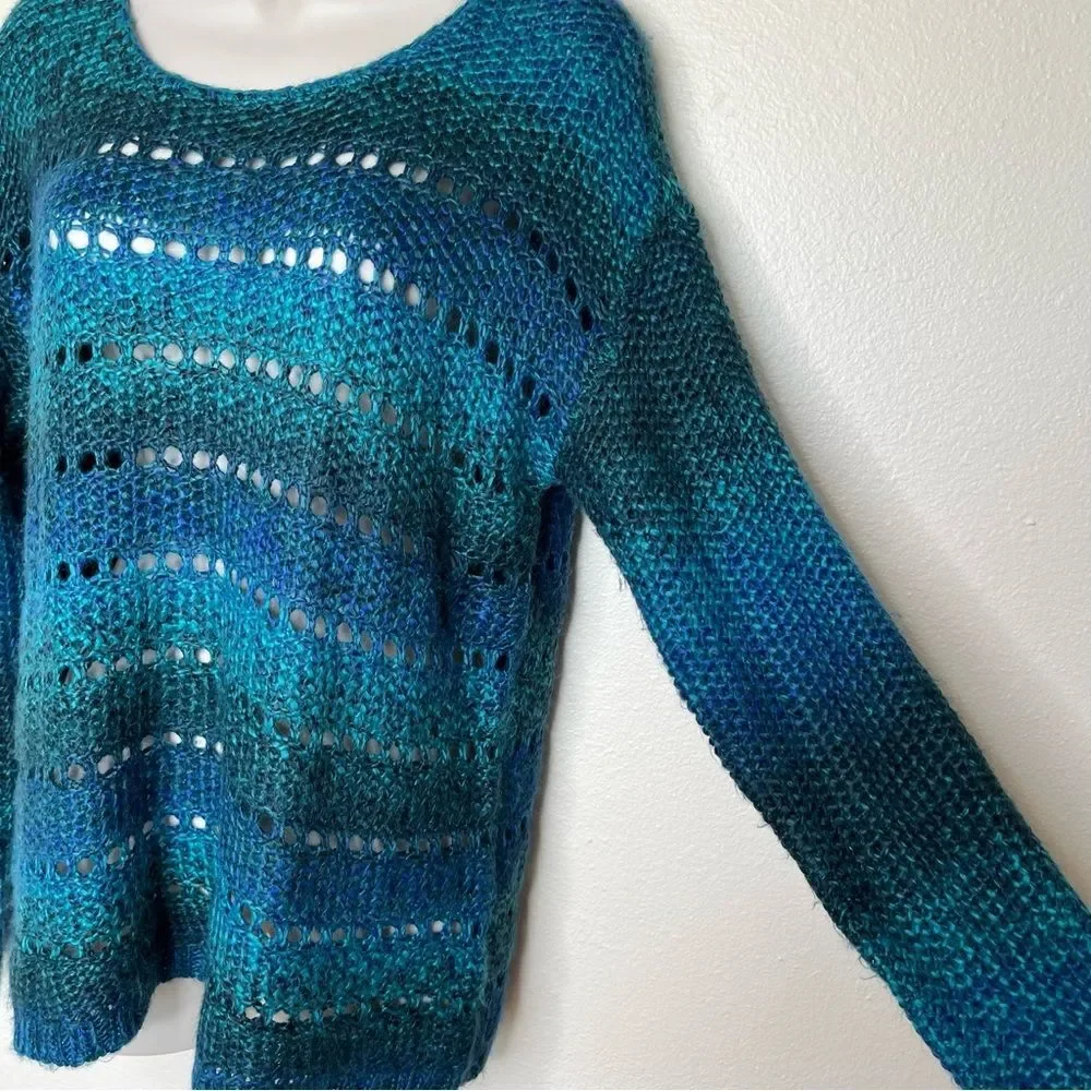 Chicos Open Weave Ombre Stripe Green Blue Scoop Neck Sweater Women Size Medium - Picture 4 of 12